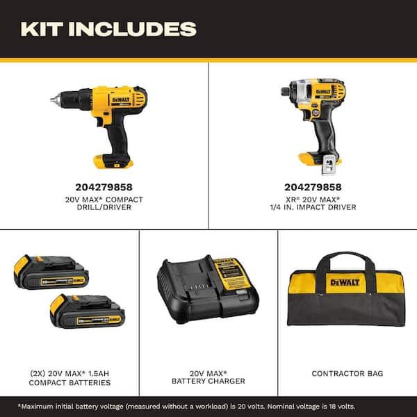 20V MAX Cordless Drill/Impact 2 Tool Combo Kit with (2) 20V 1.3Ah Batteries, Charger, and Bag