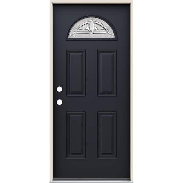 JELD-WEN 36 in. x 80 in. Right-Hand Fan Lite Decorative Glass Blakely Black Fiberglass Prehung Front Door
