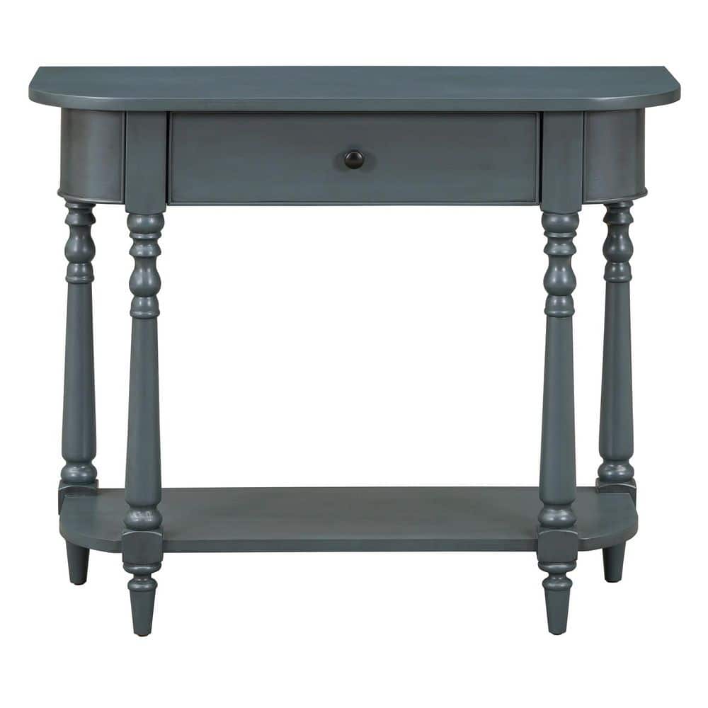 36 in. Navy Blue Rectangle Solid Wood Narrow Console Table with Curved Corn