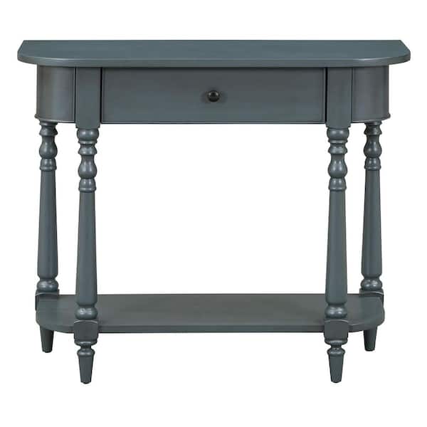 CSC DECOR INC 36 in. Navy Blue Rectangle Solid Wood Narrow Console Table with Curved Corner Entryway Sofa Table with Drawer Open Shelf