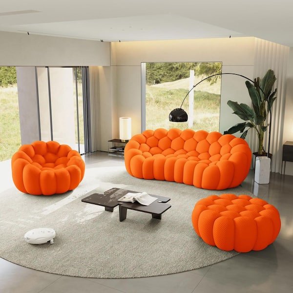 Bubble Curved Sofa, 98 in. Mesh Fabric Memory Foam Armless Sofa Set with Chair and Ottoman in Orange