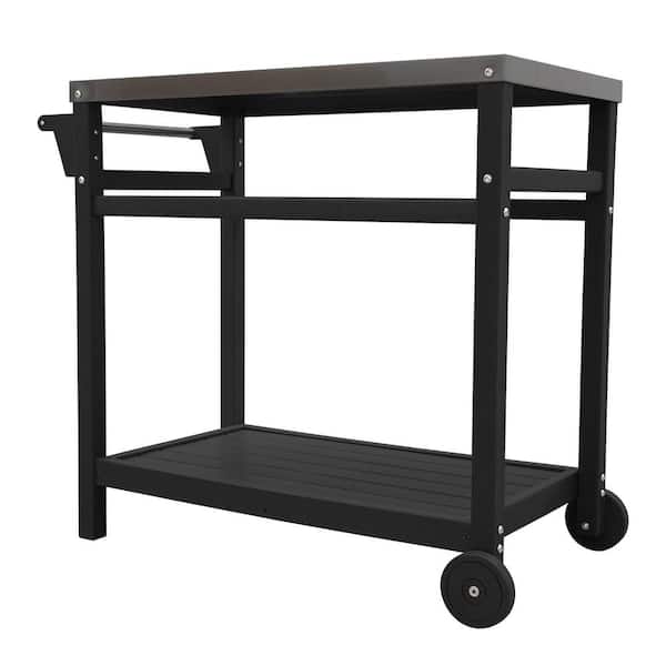 Outdoor Grill Cart Pizza Oven Trolley Stand Double Shelf Outdoor Worktable  With 2 Wheels