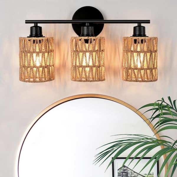 Nafissa 18.89 in. 3-Light Black Vanity Light Farmhouse Bathroom Light with Rattan Lampshades
