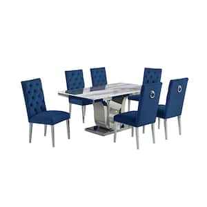 Ada 7-Piece White Marble Top with Stainless Steel Base Table Set with 6-Navy Blue Velvet Chairs with Tufted Buttons