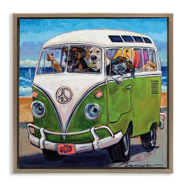 Stupell Industries Dogs Driving Retro Van by CR Townsend 1 Piece Brown Floater Frame Animal Graphic Art Print 25 in. x 25 in.