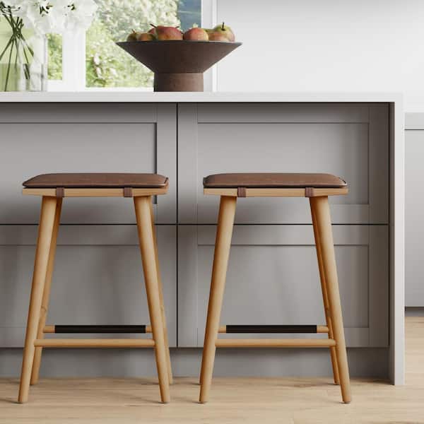 Nathan James Barker 25 in. Counter Height Wood Barstool with Leather Removable Cushion, for Kitchen, Chestnut Brown, Set of 2