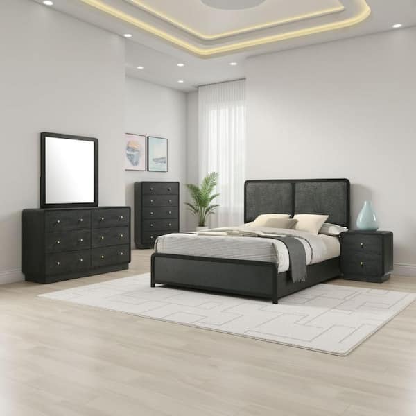 Benjara Cavy 5-Piece Black Metal Queen Size Bedroom Set with Upholstery ...