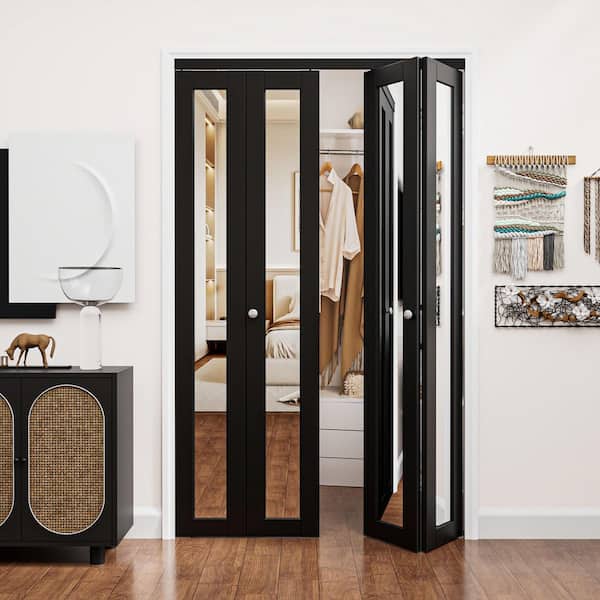 48 in. x 80 in. 1-Lite Mirrored Glass and Solid Core Black Finished Close MDF Bi-Fold Door with Hardware