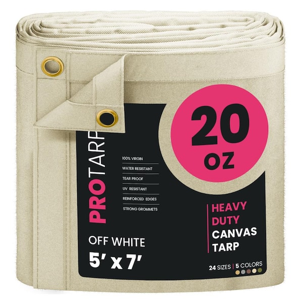Extreme Heavy Duty 20 Oz. Water Resistant Canvas Tarp, UV Resistant Tarpaulin Cover off White 5 x 7
