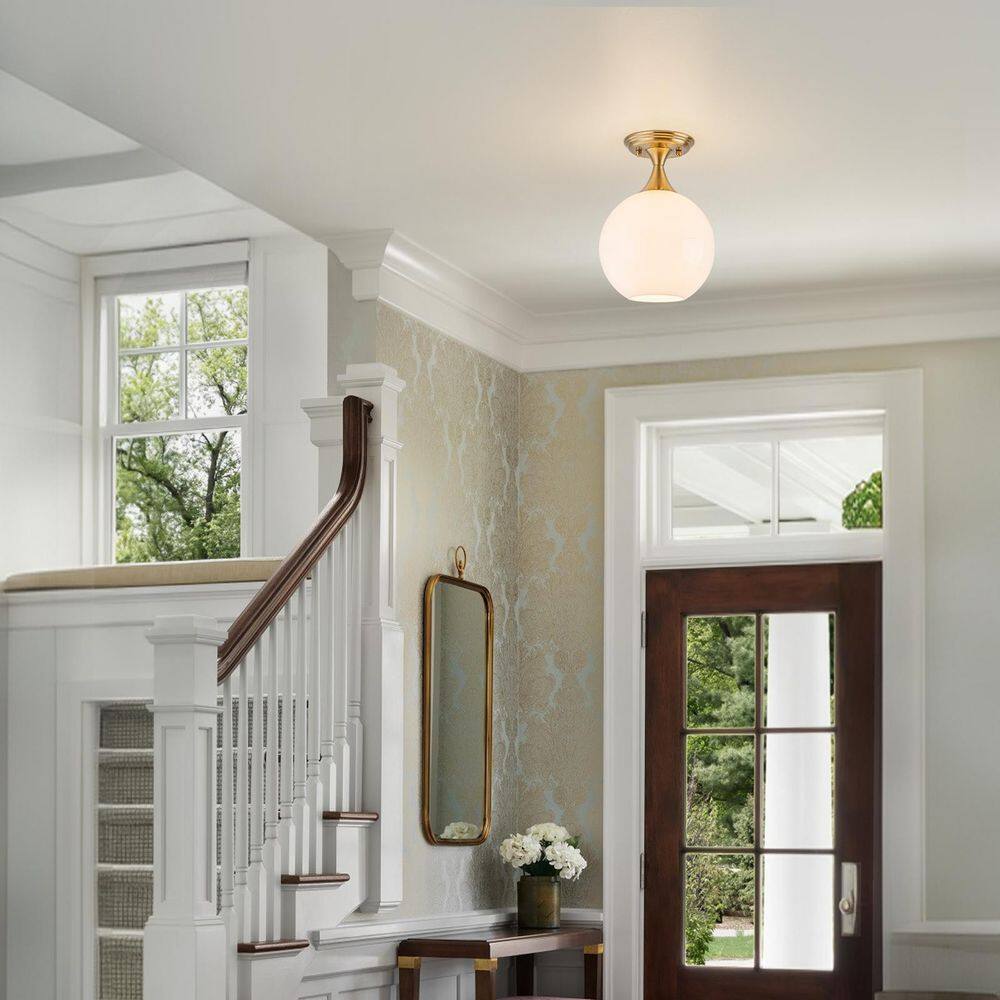 7.9 in. 1-Light Globe Brushed Gold Semi-Flush Mount with White Glass for Foyer Kitchen price history on PriceWatchPro