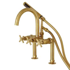 Modern 3-Handle Deck-Mount High-Risers Claw Foot Tub Faucet with Handshower in Brushed Brass