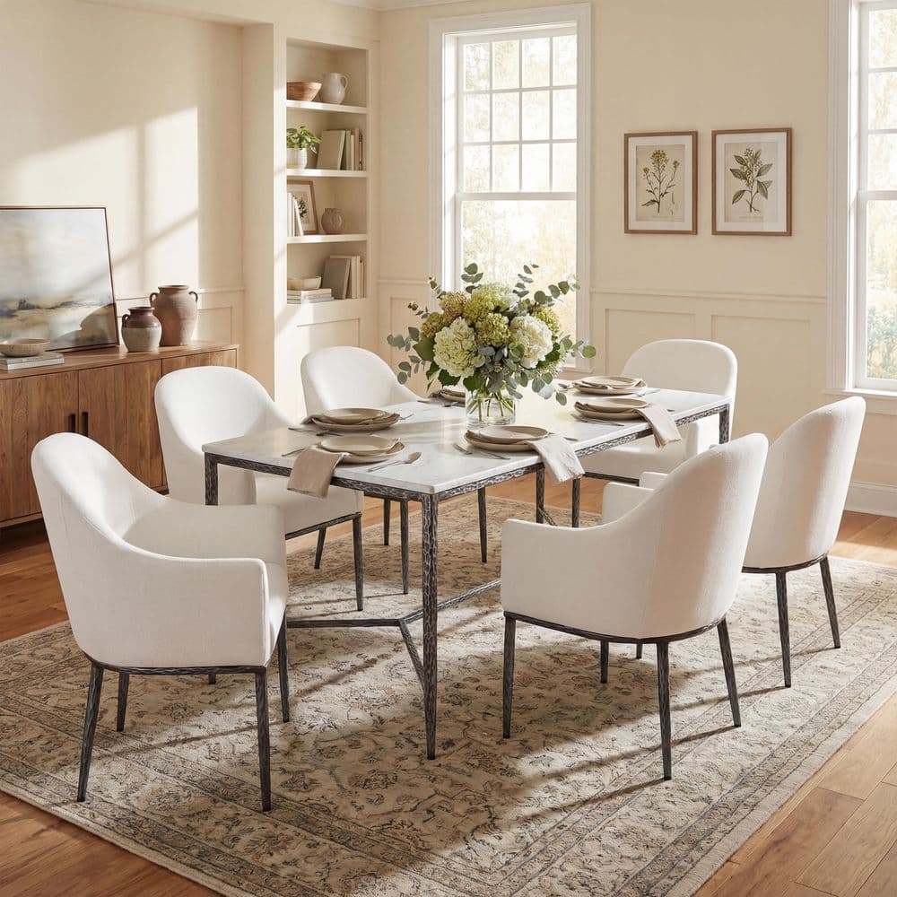 Griswold 6-Piece Beige+Forged Pewter Metal Top Dining Set with Fabric Upholstered Dining Chairs, Seats 6 price history on PriceWatchPro