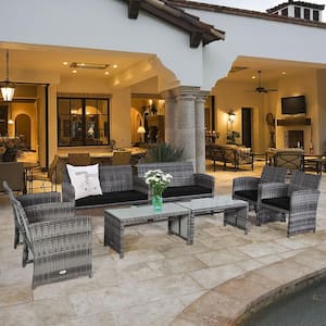 8-Piece Wicker Patio Conversation Set with Black Cushions and Glass Table
