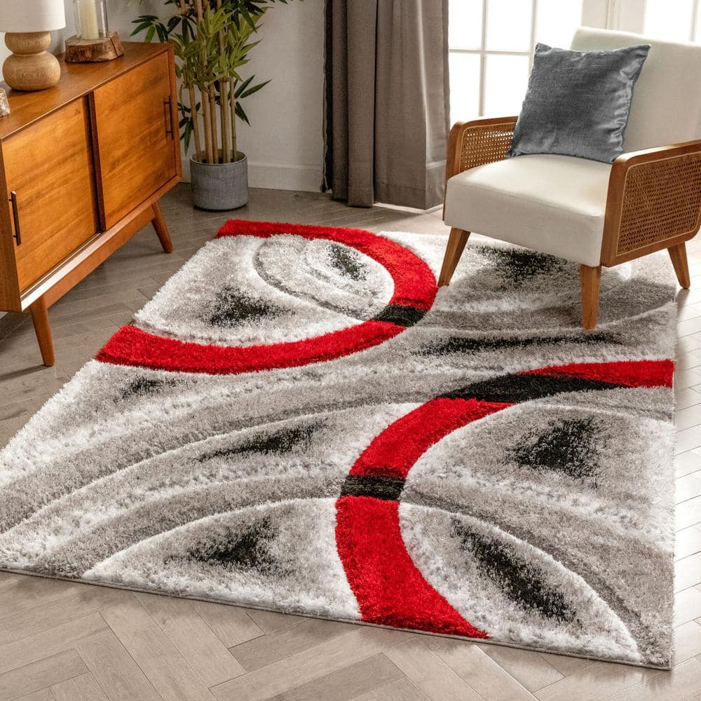 San Francisco Red and Gray Geometric Shag Rug 5'3" x 7'3"