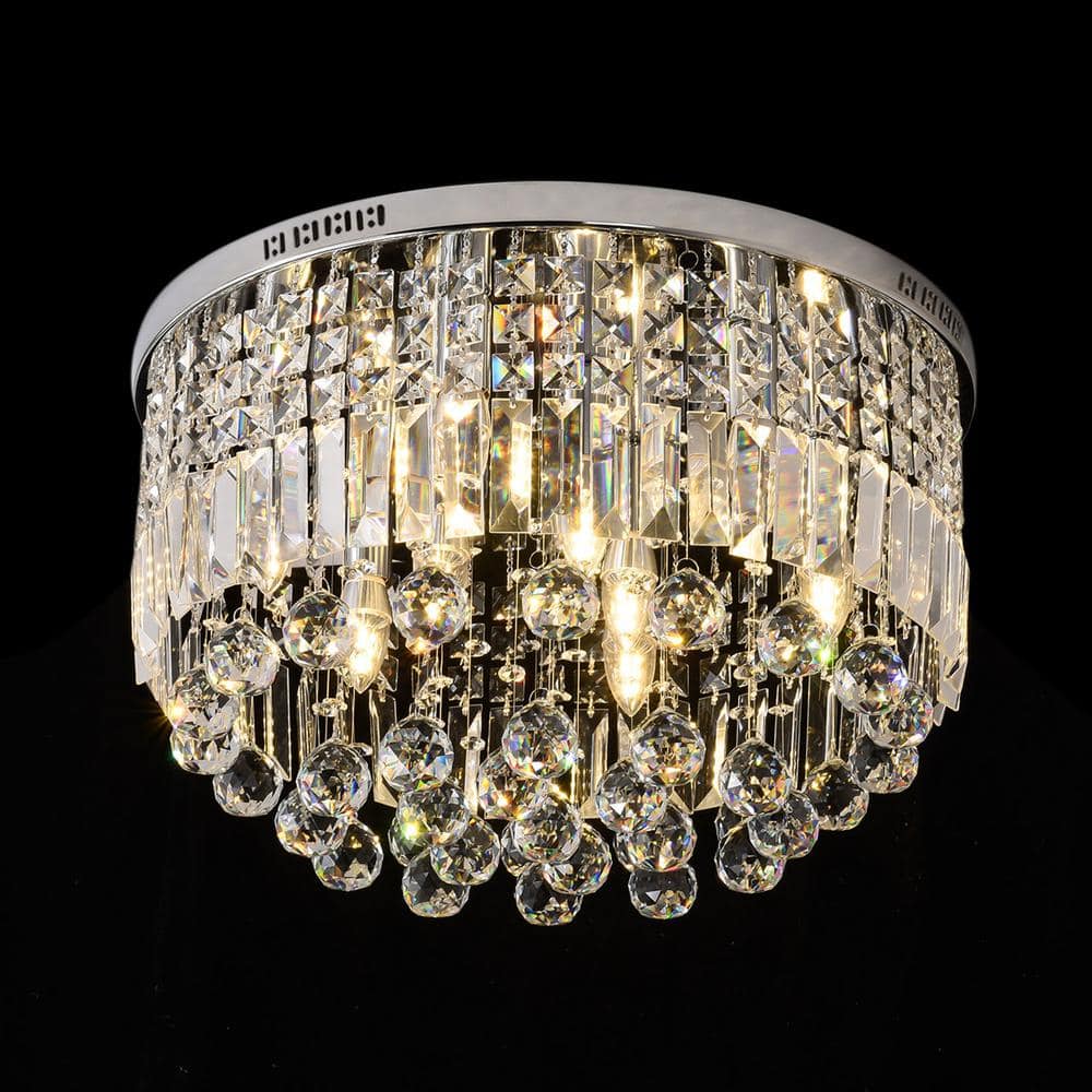 9-Light Silver Round Metal Shade Crystal Chandelier Flush Mount Ceiling Fix