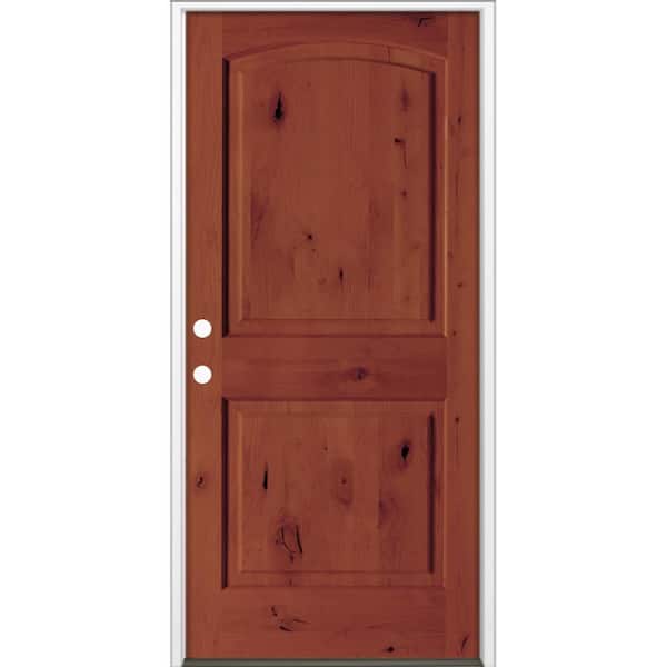 Krosswood Doors 30 in. x 80 in. Rustic Knotty Alder 2-Panel Arch Top Right-Hand/Inswing BEHR Amaretto Stain Wood Prehung Front Door