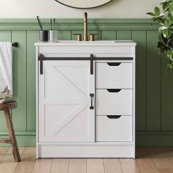 30 in. Single Sink Freestanding White Bath Vanity with White Ceramic Top and Sliding Barn Door Unassembled
