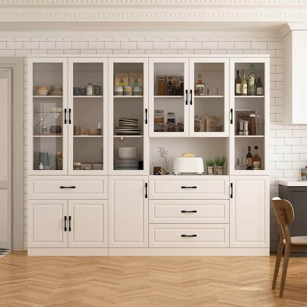 White Wood 94.5 in. W Buffet Combination Kitchen Cabinet W/Hutch, Glass Doors, Shelves (15.7 in. D x 78.7 in. H)