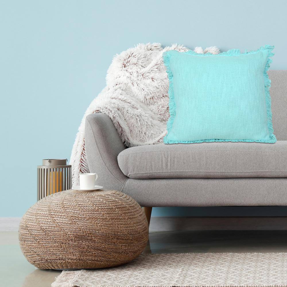 Aqua Blue Cotton Fringed 20" Square Throw Pillow
