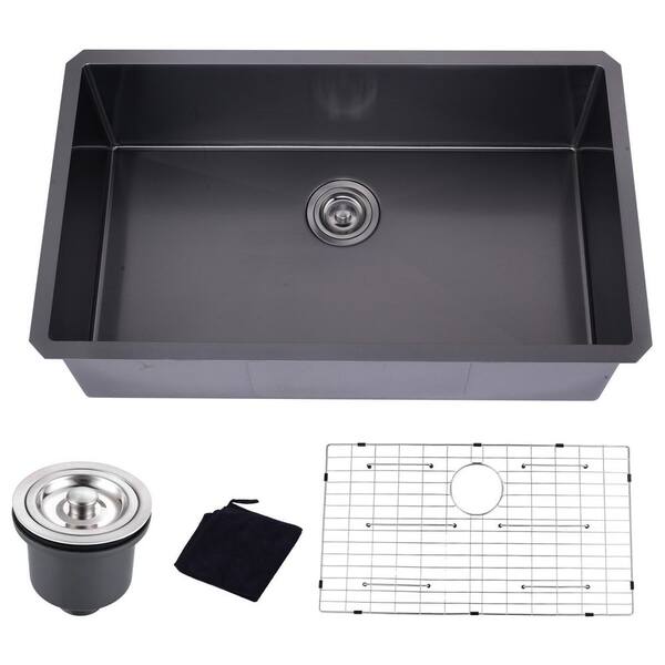 30 in. Drop-In/Undermount Single Bowl 16-Gauge Black Stainless Steel Kitchen Sink with Bottom Grids and Basket Strainer
