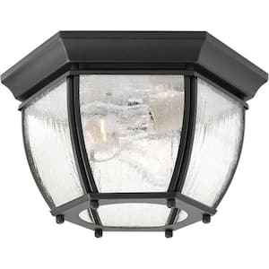 Roman Coach Collection 2-Light Textured Black Clear Seeded Glass Traditional Outdoor Close-to-Ceiling Light