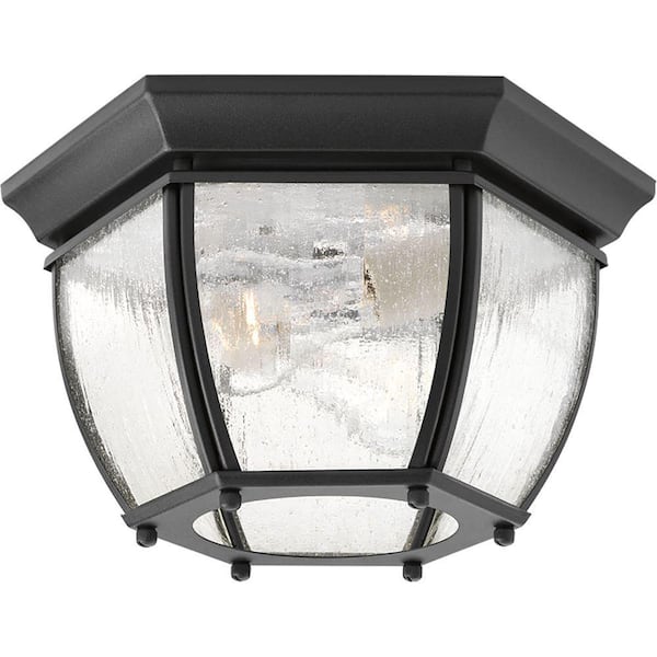 Progress Lighting Roman Coach Collection 2-Light Textured Black Clear Seeded Glass Traditional Outdoor Close-to-Ceiling Light