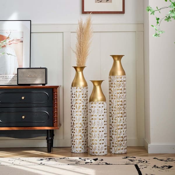 32.68in/29.13in/24.02in H 3D Embossed White Gold Plated Metal Cylindrical Vase Gift Set (Set of 3)