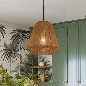 14 in. 1-Light Handcrafted Farmhouse Natural Rattan Pendant Light in Antique Brass with Rope Woven Shape