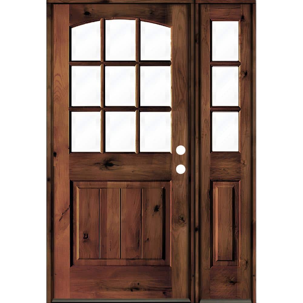 50 in. x 80 in. Alder Left-Hand/Inswing 9-Lite Clear Glass Red Mahogany Stain Wood Prehung Front Door/Right Sidelite