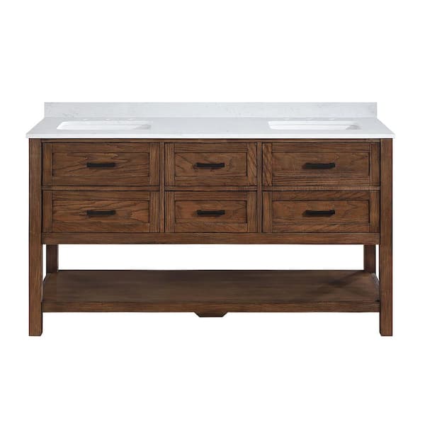 Tolbrook 60 in. Double Sink Brown Oak Bath Vanity with White Engineered Stone Top (Assembled)