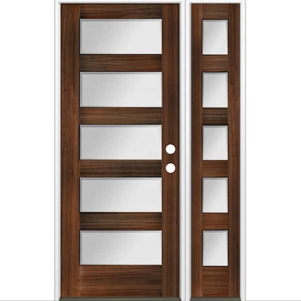 Krosswood Doors 50 in. x 80 in. Modern Douglas Fir 5-Lite Left-Hand/Inswing Frosted Glass Red Mahogany Stain Wood Prehung Front Door