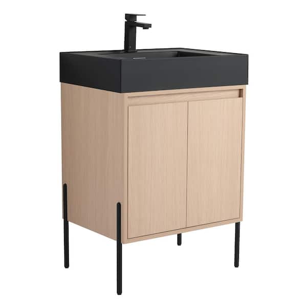 Fine Fixtures Crownpoint 24 in. Freestanding Single White Oak Bathroom Vanity with Black Acrylic Sink Top Unassembled