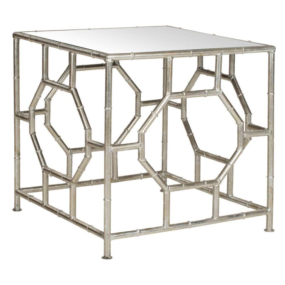 Chic Rory Silver Square Mirrored Accent Table with Faux Bamboo Base
