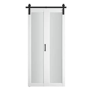 30 in. x 84 in. 1-Lite Frosted Glass PVC Finished White MDF Bi-Fold Sliding Barn Door with Hardware Kit, J-Shape Hanger