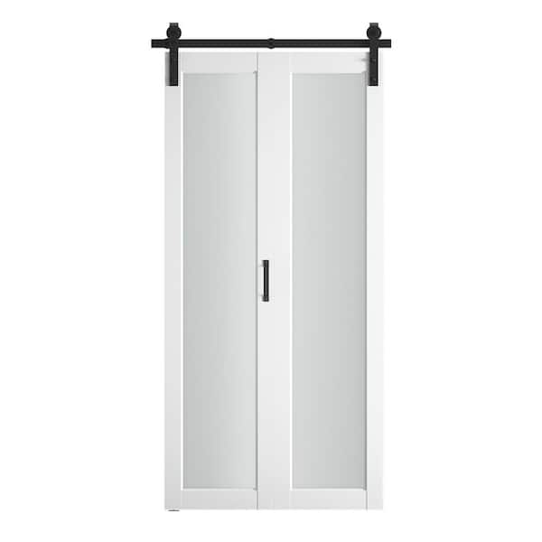 SOCBAZZAR 40 in. x 84 in. 1-Lite Frosted Glass PVC Finished White MDF Bi-Fold Sliding Barn Door with Hardware Kit, J-Shape Hanger