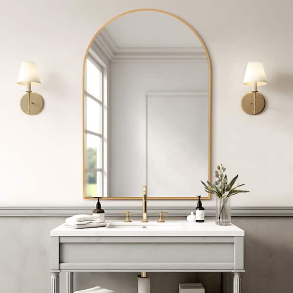 24 in. W x 36 in. H Arch Gold Metal Accent Wall Mirror Modern Bathroom Vanity Mirror Living Room Entryway Over Mantel