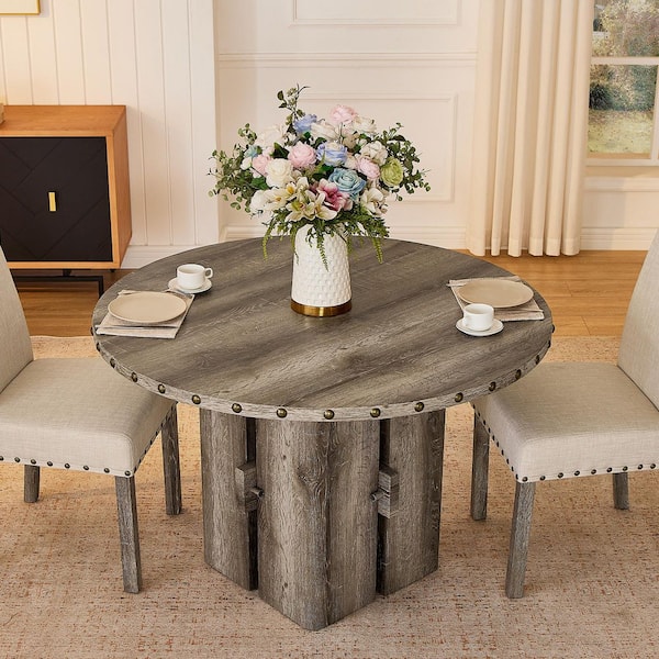 Rustic Vintage 41.73 in. Weathered Rural Log Wood Round Top Pedestal Base Dining Table with Rivet Trim Seats 4