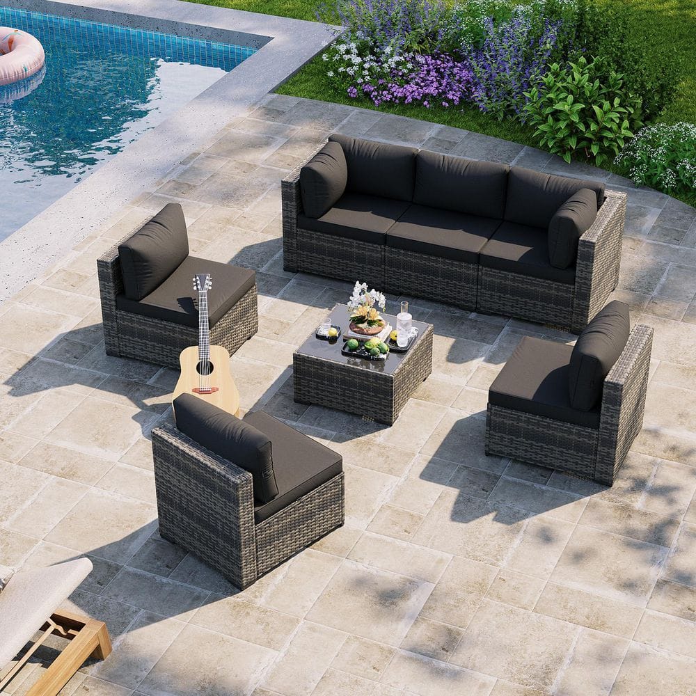 Gray 7-Piece Wicker Rattan Outdoor Patio Conversation Set with Black Cushions, Coffee Table