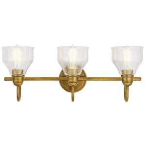 Avery 24 in. 3-Light Natural Brass Vintage Bathroom Vanity Light with Clear Seeded Glass