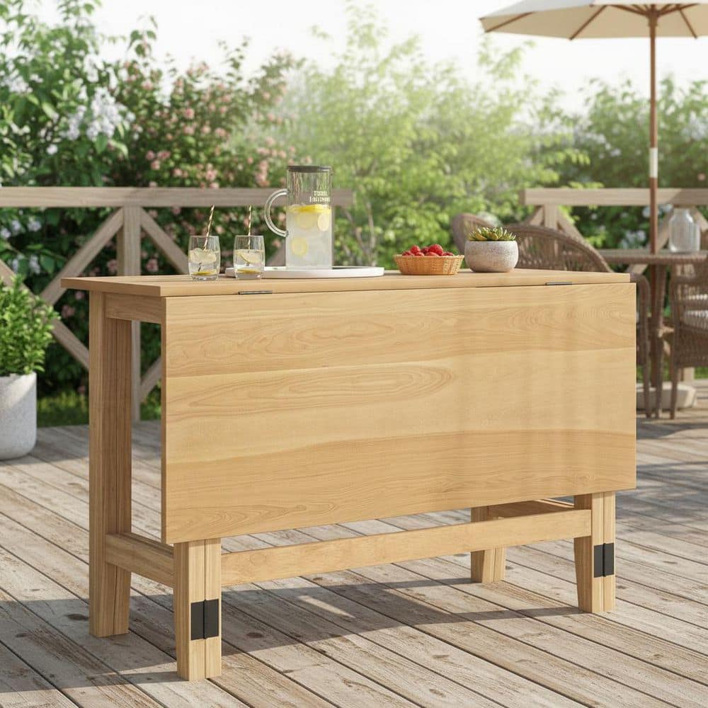 47 in. Brown Wood Extendable Rectangle Outdoor Dining Table with Drop Leaf for Garden, Dining Room, Backyard