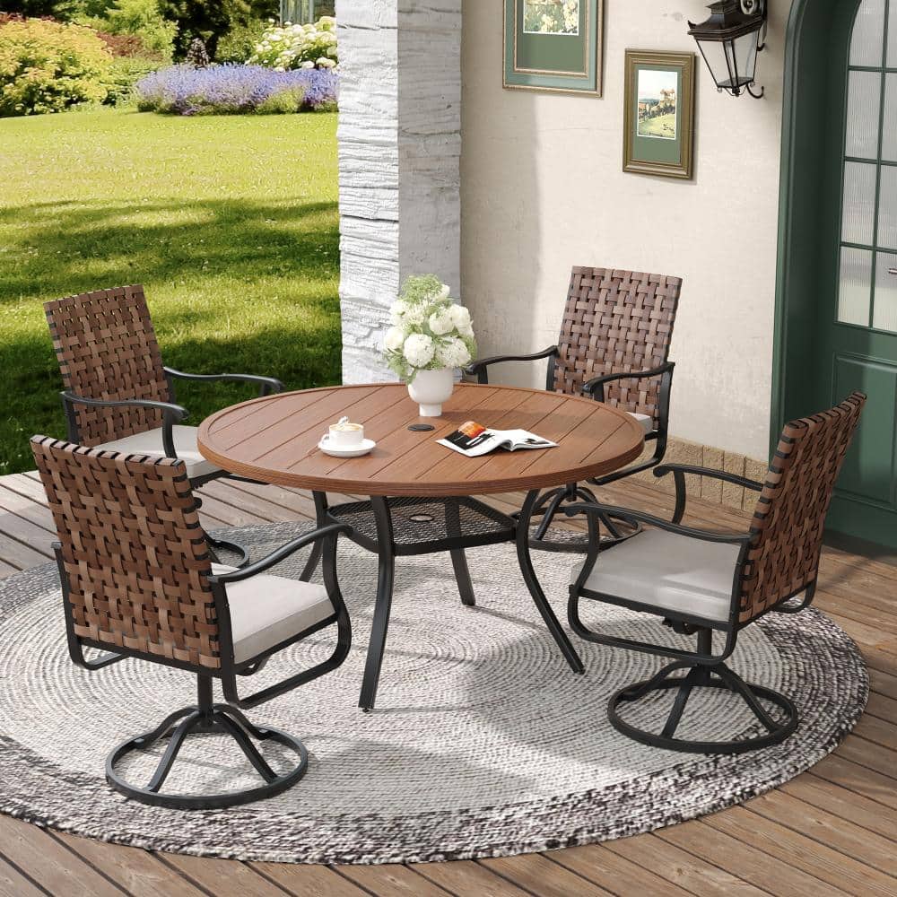 5-Piece Metal Outdoor Patio Dining Set with 4 Swivel Wicker Chairs, Beige Cushions and 47.2 in. Walnut Round Table price history on PriceWatchPro