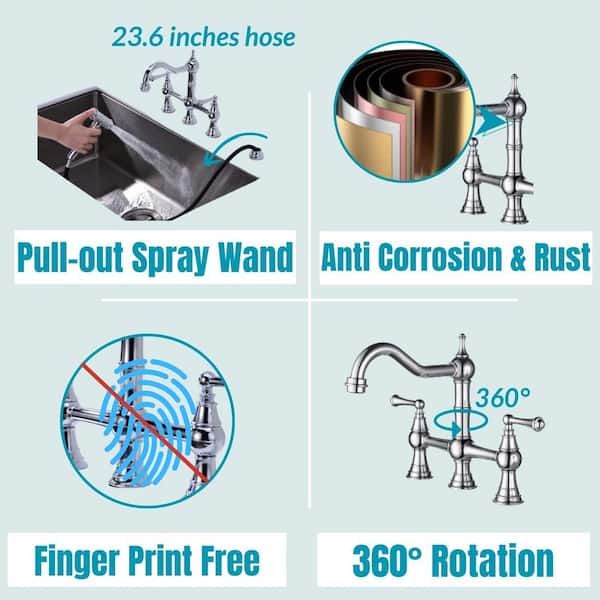 Double Handle Pull Down Sprayer Kitchen Faucet with Side Spray in Chrome