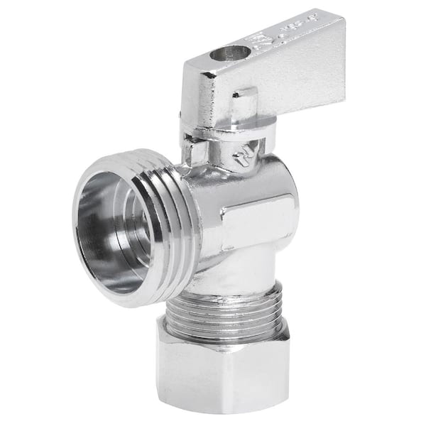 HOMEWERKS 1/2 in. Nominal Compression Inlet x 3/4 in. Male Hose Thread Outlet Quarter Turn Angle Shut-Off Valve, Chrome