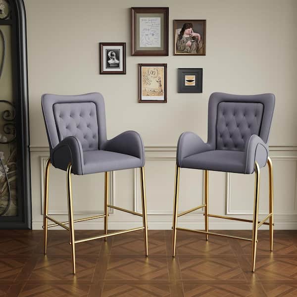 CHRISTOPHER KNIGHT HOME Jasars 28.75 in. Modern Upholstered Cushioned Velvet Counter Stool with Footrest & Tufted Back, Gray + Gold