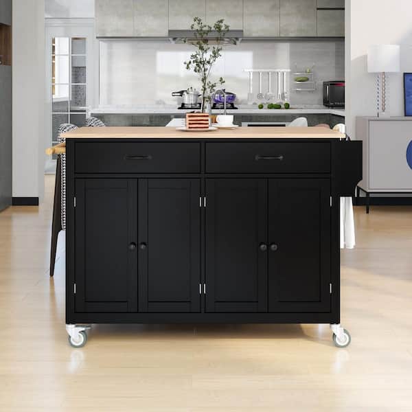 Dueyeeri Black Solid Wood Kitchen Cart with Spice Rack and Towel Rack