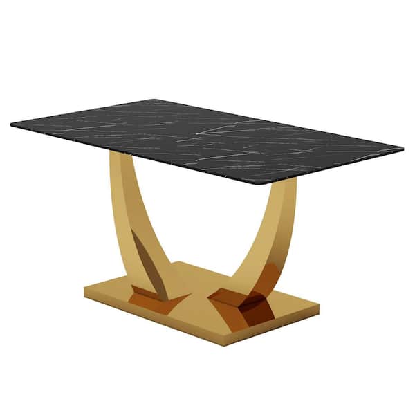 Tenleaf 30 in. H Rectangular Outdoor Dining Table with Black Sticker Glass Tabletop, Gold Plated Metal Legs