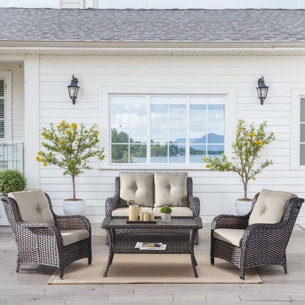 Carlos Brown 4-Piece Wicker Patio Conversation Set with Armchairs, CushionGuard Beige Cushions