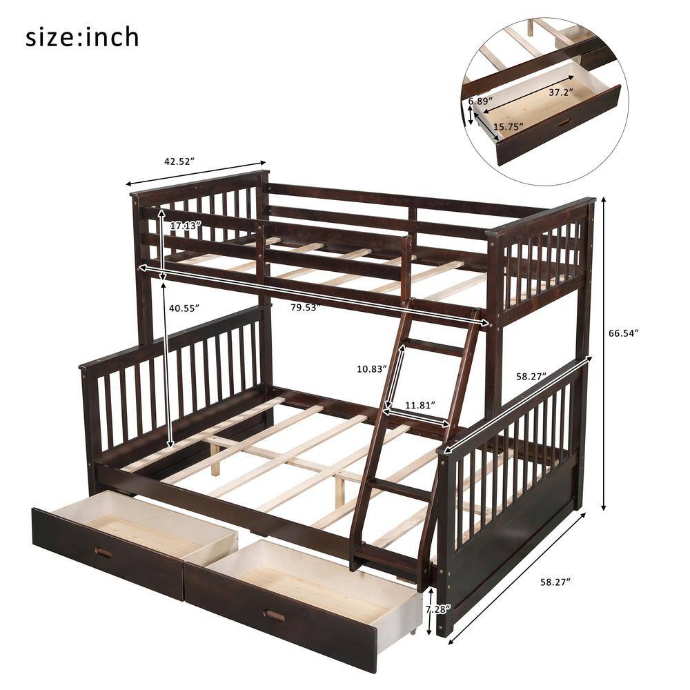 Harper & Bright Designs Espresso Twin Over Full Wood Bunk Bed with 2 Storage Drawers - 3