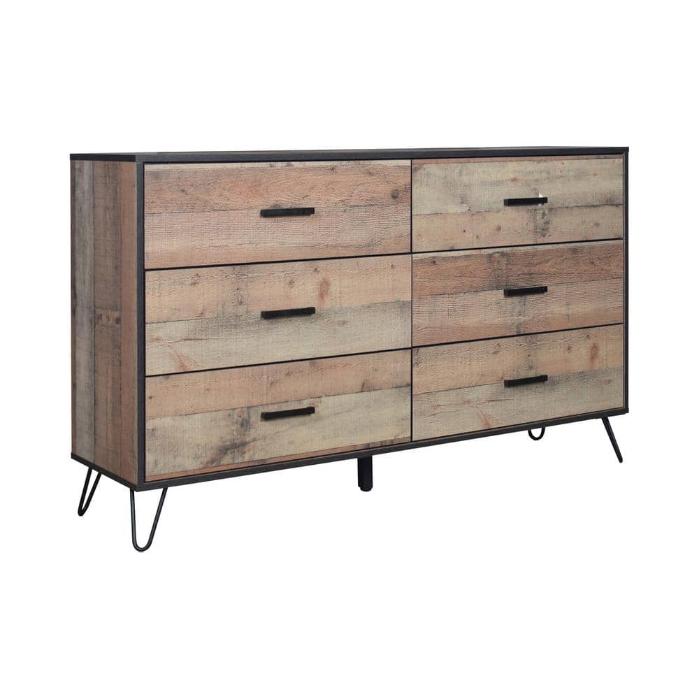 Rustic Brown Solid Wood 6-Drawer Dresser with Metal Legs