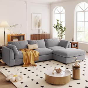 113 in. Sloped Arm Polyester Upholstery L Shaped Modern Sectional Sofa in Gray with Ottoman and Pillows